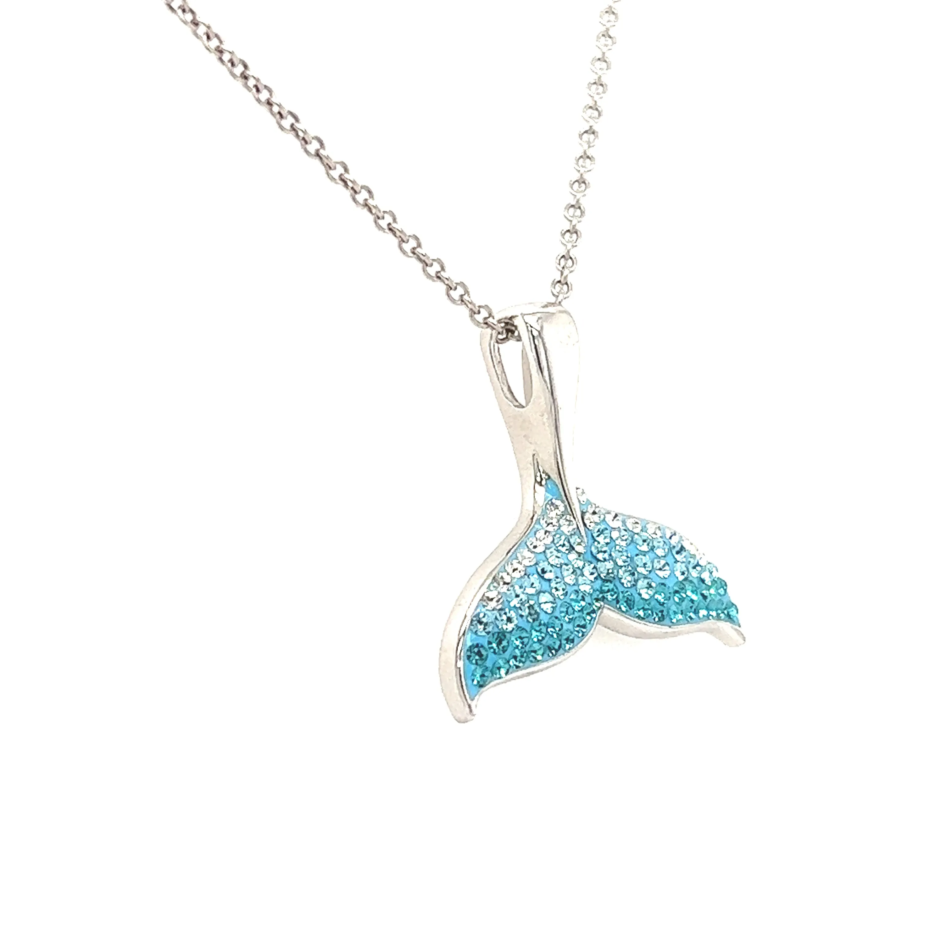 Whale Tail Necklace with Aqua Crystals in Sterling Silver
